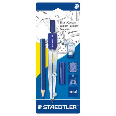 Cyrkiel Staedtler szkolny z uniwersalnym adapterem + etui na grafity + mały ołówek