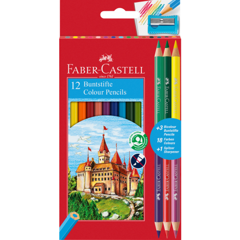 Kredki ołówkowe Faber-Castell Zamek, 12 kolorów + 3 kredki dwustronne + temperówka
