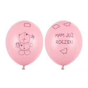 Balony Miś - mam już roczek, 30 cm, Pastel Pink, 6 sztuk