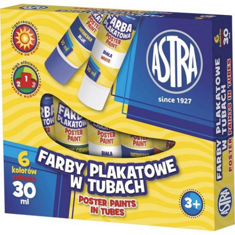 Farby plakatowe Astra, 6 kolorów, 30 ml