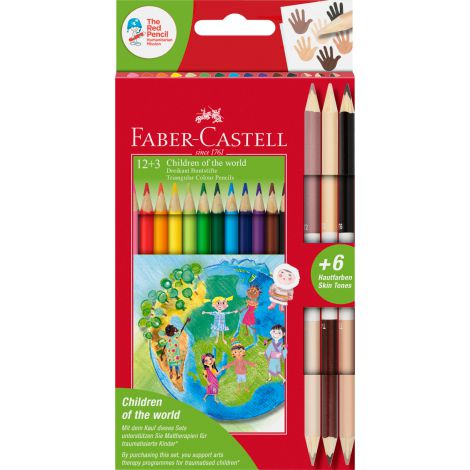Kredki ołówkowe Faber-Castell Trójkątne Edycja Children Of The World, 12 kolorów + 3 kredki dwustronne