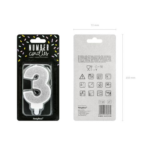 Świeczka urodzinowa Cyferka 3, srebrna, 7 cm - 2