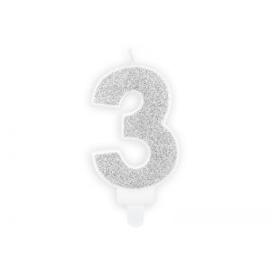 Świeczka urodzinowa Cyferka 3, srebrna, 7 cm