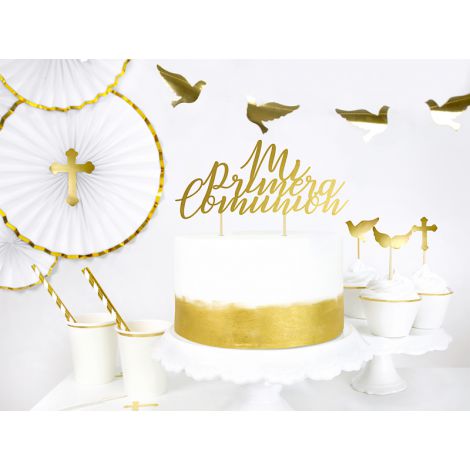 Toppery na tort I Komunia Święta, złote, 31,5 cm, 6 sztuk - 4
