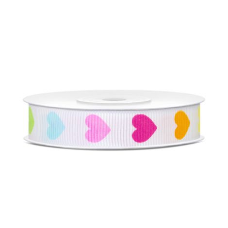 Wstążka rypsowa PartyDeco Kolorowe Serca, 12mm x 10m