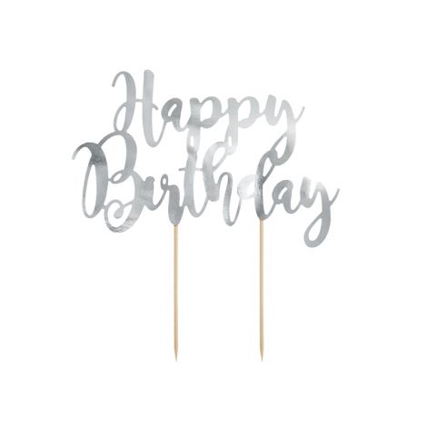 Topper na tort Happy Birthday, srebrny, 22,5 cm