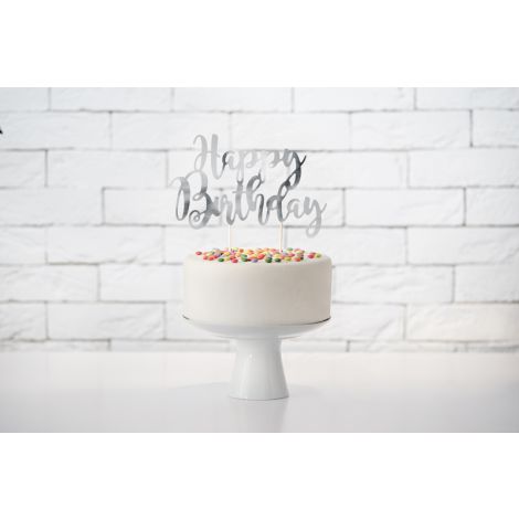 Topper na tort Happy Birthday, srebrny, 22,5 cm - 2
