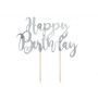 Topper na tort Happy Birthday, srebrny, 22,5 cm - 2