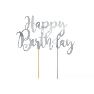 Topper na tort Happy Birthday, srebrny, 22,5 cm
