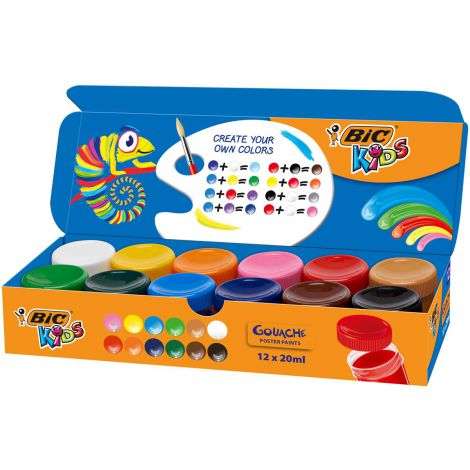 Farby plakatowe Bic Kids, 12 kolorów x 20ml