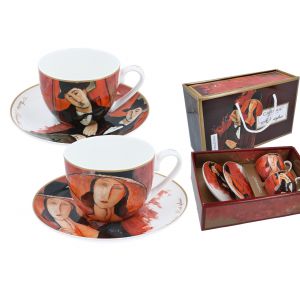 Komplet dwóch filiżanek Carmani 250ml ze spodkami - A. Modigliani, Kobieta w kapeluszu i Mario Varvogli