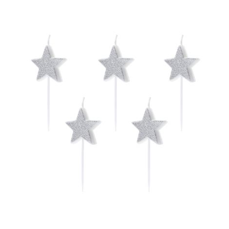 Świeczki urodzinowe Gwiazdki, srebrne, 3,5 cm, 5 sztuk