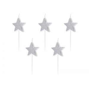 Świeczki urodzinowe Gwiazdki, srebrne, 3,5 cm, 5 sztuk