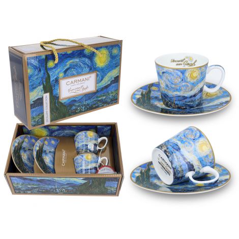 Komplet dwóch filiżanek Carmani 125ml espresso ze spodkami - V. van Gogh, Gwiaździsta noc