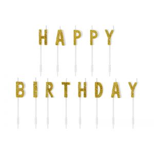 Świeczki urodzinowe Happy Birthday, złote, 2,5 cm, 13 sztuk