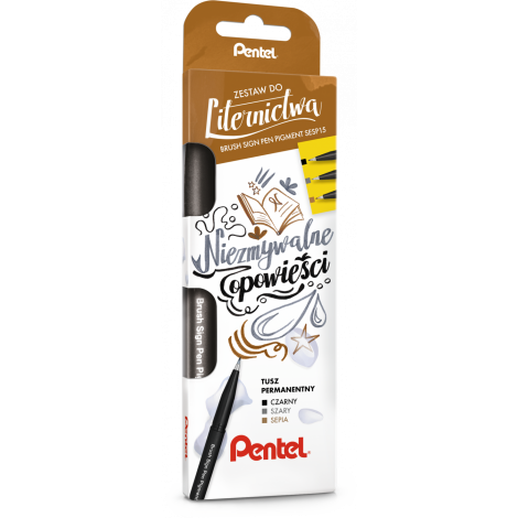 Zestaw pisaków pędzelkowych Pentel do kaligrafii i liternictwa Pigment, 4 kolory - 4