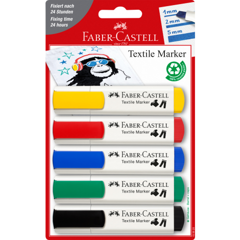 Markery do tkanin Faber-Castell zestaw podstawowy, 5 kolorów