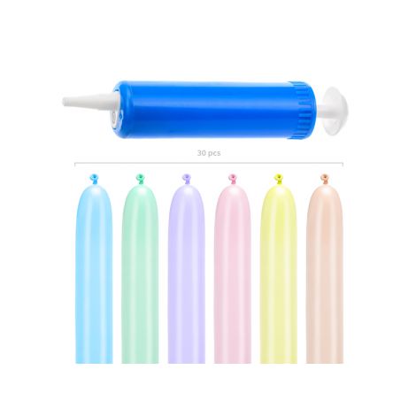 Balony modeliny pastelowe z pompką, 5 x 130 cm, mix kolorów, 30 sztuk - 2