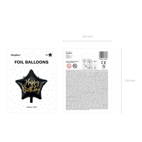 Balon foliowy Happy Birthday, 40cm, czarny - 3