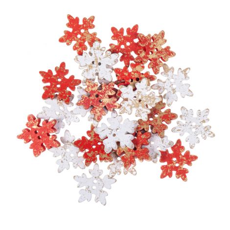 Guziki dpCraft drewniane Śniezynki 2.5cm 24szt, czerwone/białe Złocone