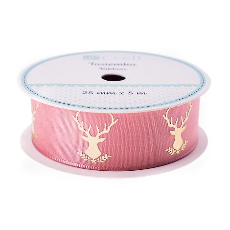 Tasiemka satynowa dpCraft Frosty Pink Jeleń, 25mm x 5m