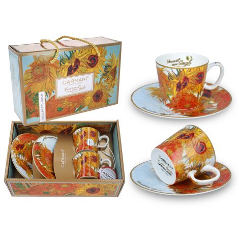 Komplet dwóch filiżanek Carmani 125ml espresso ze spodkami - V. van Gogh, Słoneczniki