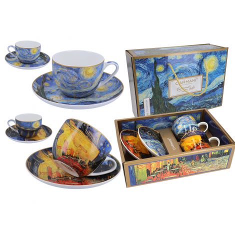 Komplet dwóch filiżanek Carmani 225ml ze spodkami - V. van Gogh, Taras kawiarni nocą i Gwiaździsta Noc