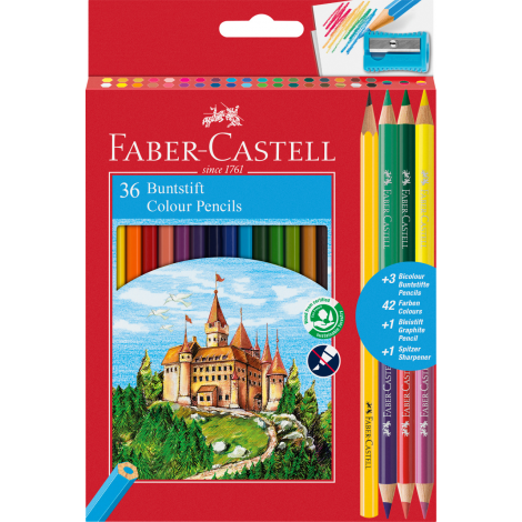 Kredki ołówkowe Faber-Castell Zamek, 36 kolory +3 kredki dwustronne + temperówka + ołówek