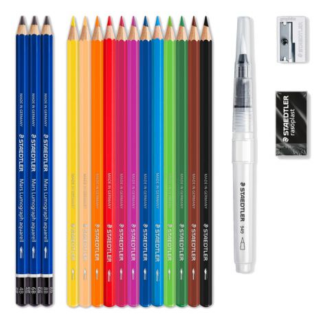Zestaw Staedtler Design Journey: kredki akwarelowe 12 kolorów, 3x ołówek, gumka, temperówka, blender - 2