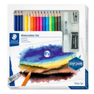 Zestaw Staedtler Design Journey: kredki akwarelowe 12 kolorów, 3x ołówek, gumka, temperówka, blender
