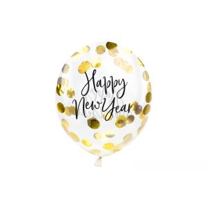 Balony z konfetti - Happy New Year, 27cm, złoty, 3 sztuki