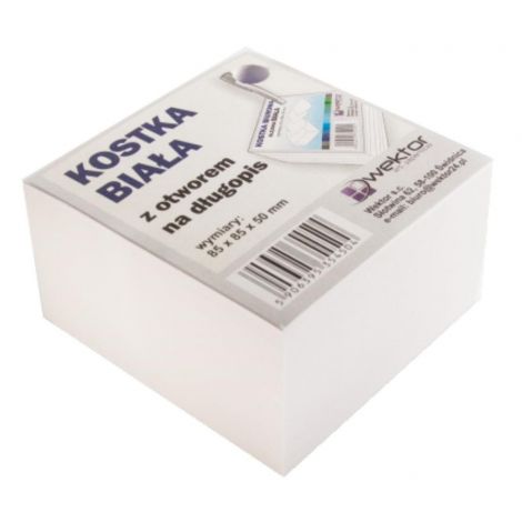 Kostka papierowa Wektor Biała 85x85x35mm, Klejona z otworem na długopis