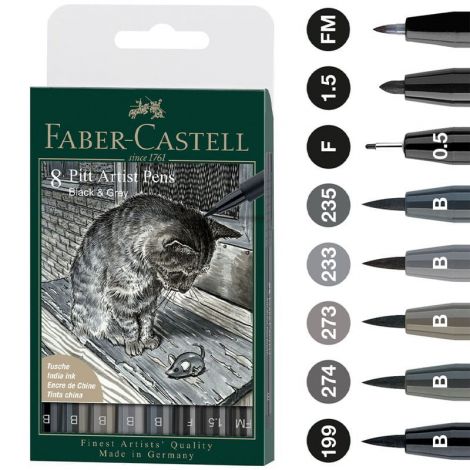 Zestaw pisaków artystycznych Faber-Castell Pitt Artist Pens, czarne i szare, 8szt